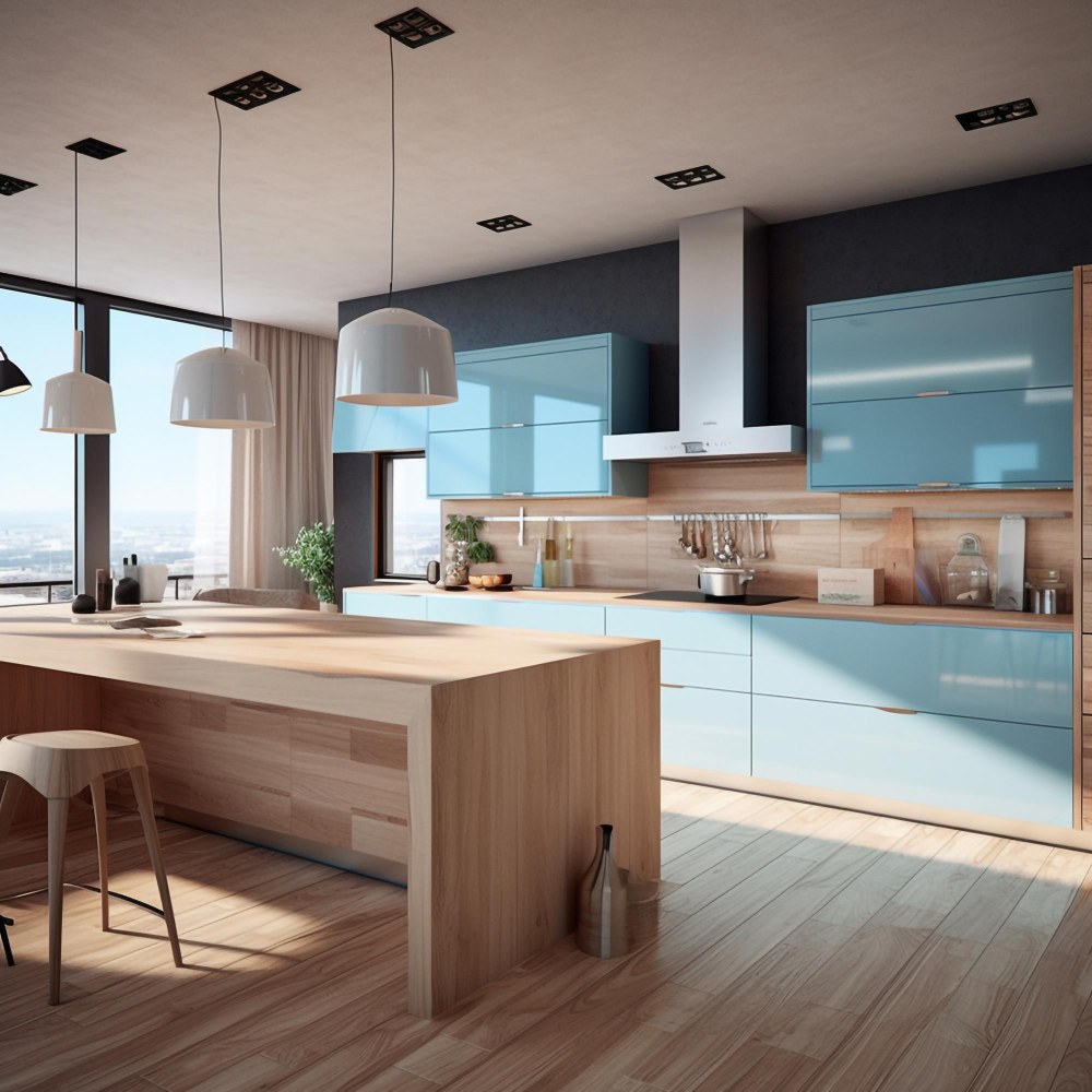 kitchen-with-blue-cabinets-wooden-countertop-with-white-lamp-hanging-from-ceiling